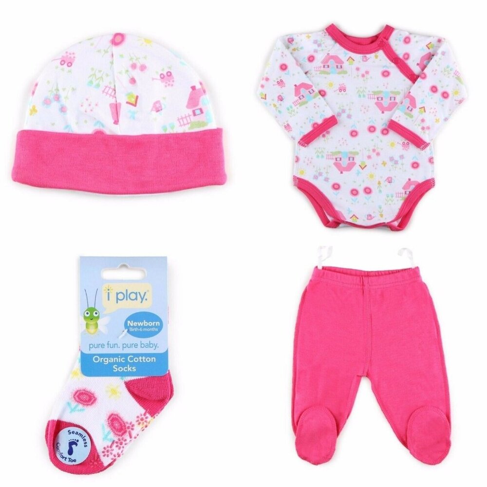 i play. Baby Organic Cotton Pink Floral Footed Pants, Top, Socks, Hat Se…